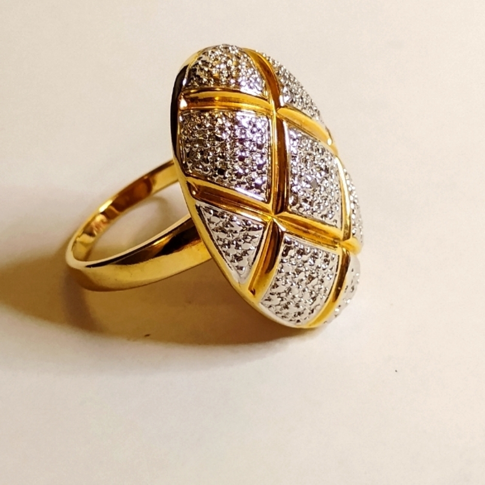 Vintage Gold Vermeil Diamond Inlay Statement Ring Sterling‎ Silver Size 10